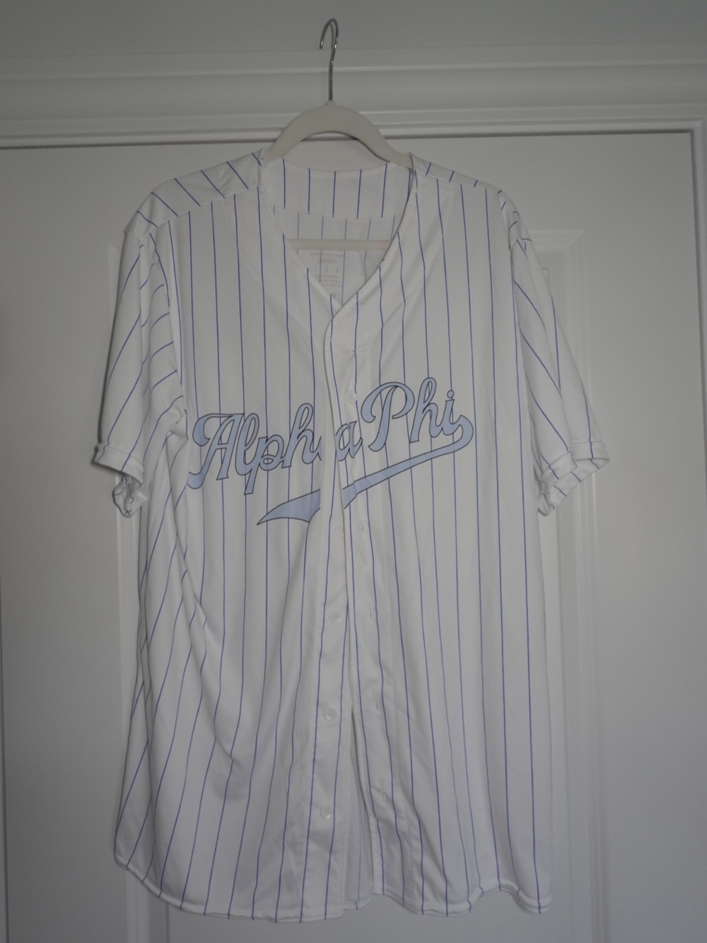 Alpha Phi Sorority White & Light Blue Pinstripe Baseball Shirt